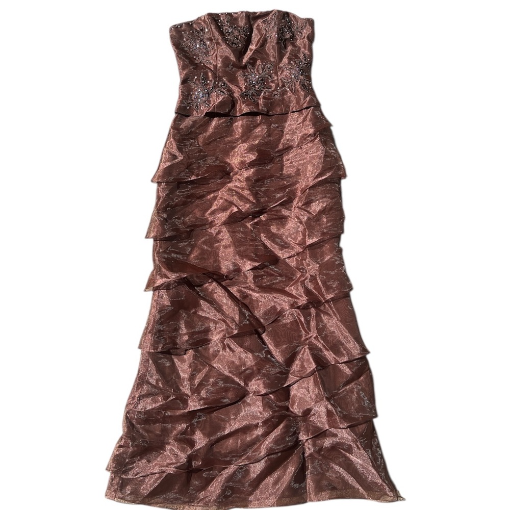 brown vintage 2000s y2k beaded strapless ruffle fishtail style prom dress